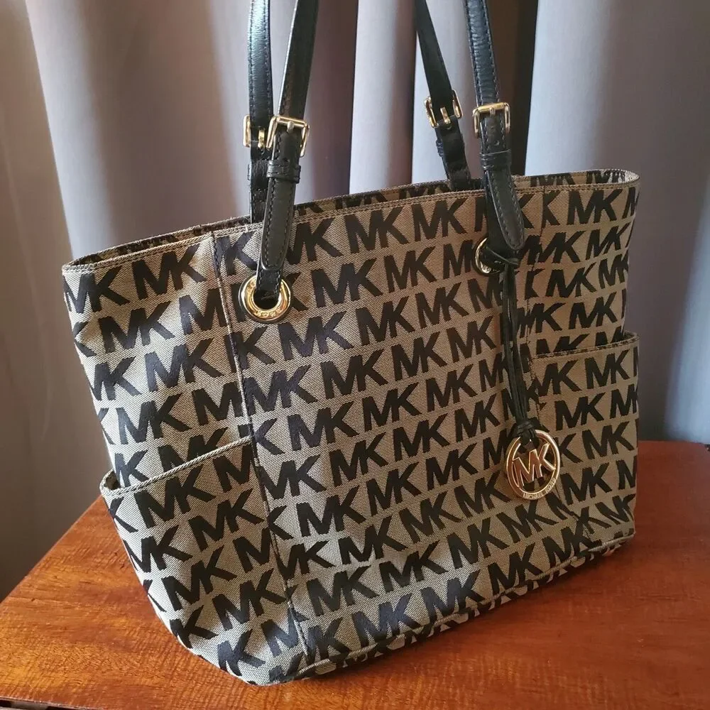 Michael Kors Jet Set Designer Shoulder Bag Travel Tote Purse, Tan & Black